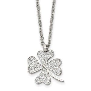 Steel Polished CZ Four Leaf Clover Shamrock Charm on a 22" Cable Chain Necklace